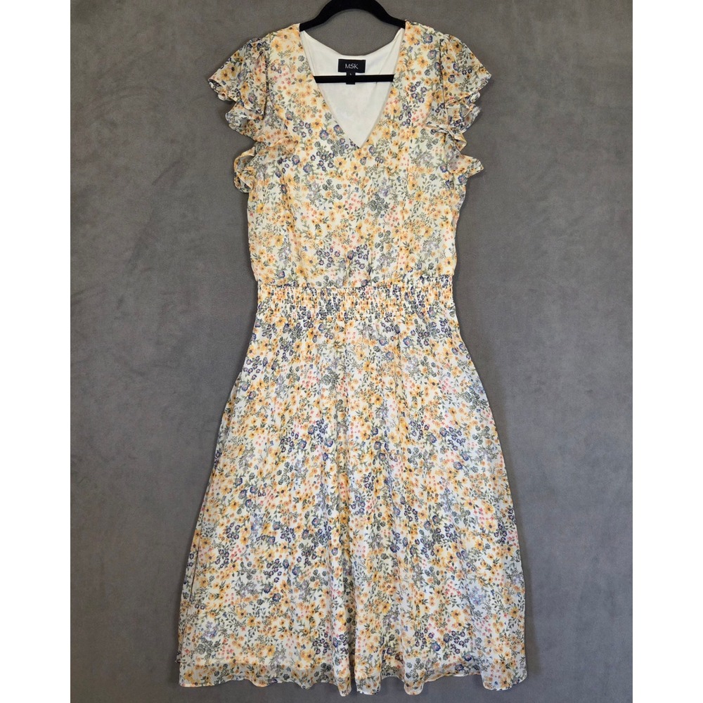 MSK‎ Floral Midi Dress Women's Size Large Smocked Waist Cottage Boho Romantic